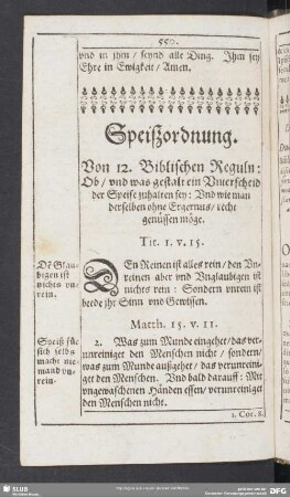 Speißordnung. Diaeta. De La Diete, c'est à dire