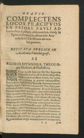 Oratio Complectens Locos Praecipuos Ex Priore Pauli Ad Corinthios Epistola observandos ...