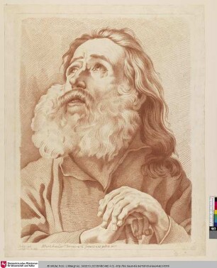 [Studie eines bärtigen Mannes mit erhobenem Blick, auf einen Stock gestützt]