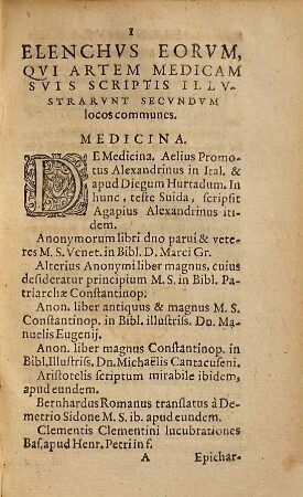 Nomenclator scriptorum medicorum : hoc est: elenchus eorum, qui artem medicam suis scriptis illustrarunt ; secundum locos communes ipsius medicinae ...