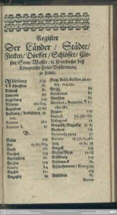 Register Der Länder, Städte, Flecken, Dörffer, Schlösser, Closter, Seen, Wasser, [e.t.]c. so in deß Königreichs Polen Beschreibung zu finden