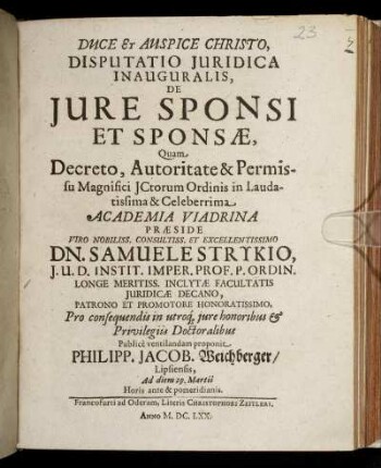 Disputatio Iuridica Inauguralis, De Iure Sponsi Et Sponsae