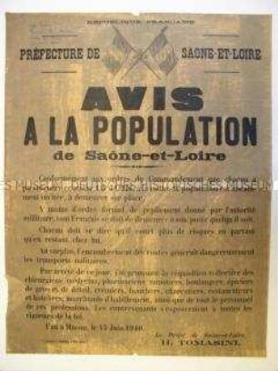 Maueranschlag für Frankreich am 15.6.1940 mit der Verordnung für alle Bürger, an ihren Wohnorten zu bleiben (einsprachig)
