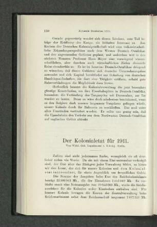 Der Kolonialrat für 1911. Vom Wirkl. Geh. Legationsrat v. König, Berlin.