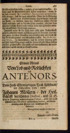 Etwas Neues Von Lob und Redlichkeit deß Antenors.