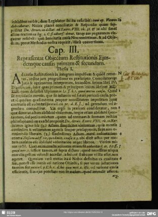 Cap. III. Repraesentat Obiectum Restitutionis Eiusdemque causas primam & secundam