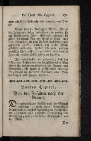 Viertes Capitel, Von den Zufällen nach der Geburth.