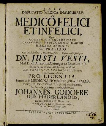 Disputatio Medica Inauguralis De Medico Felici Et Infelici