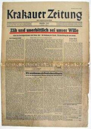 Tageszeitung "Krakauer Zeitung" (Reichsausgabe) mit Durchhaltepropaganda zum Jahreswechsel 1944/45