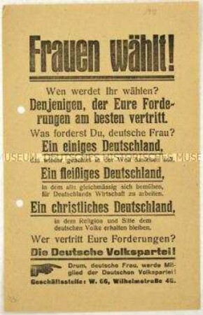 Aufruf der Deutschen Volkspartei an Frauen zur Wahl und zum Beitritt