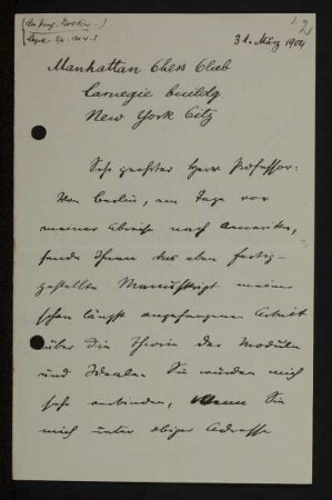 Nr. 2 Brief von Emanuel Lasker an David Hilbert. New York, 31.3.1904