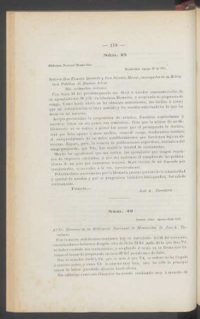 Núm. 46 : [Carta al Sr. Director de la Biblioteca Nacional de Montevideo D. José A. Tavolara. Buenos Aires, Agosto 24 de 1877.]