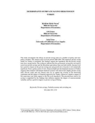 Determinants of Private Saving Behaviour in Turkey 2002