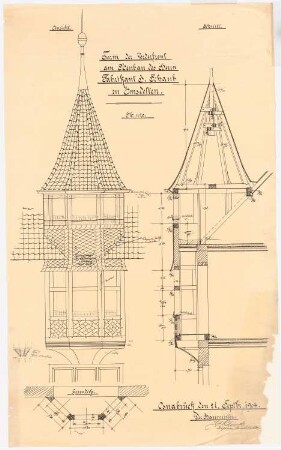 Wohnhaus J. Schaub, Emsdetten: Turm der Vorderfront, Ansicht, Schnitt, Grundriss und Detail 1:20