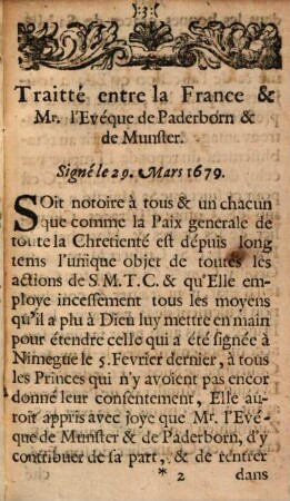 Traité de la paix entre Sa Majesté tres chrestienne et Msgr. l'evêque de Paderborn ... Nimegue le 29 Mars 1679