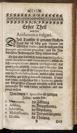 Erster Theil von der Arithmetica vulgari.