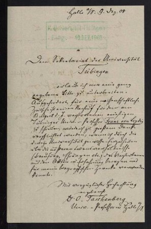 "Dem Sekretariat der Universität Tübingen" 10.7.1857
