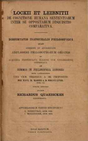 Lockii et Leibnitii de cognitione humana sententiarum interse oppositarum disquisitio comparativa : dissertatio inauguralis philosophica
