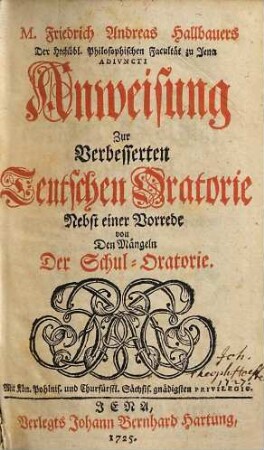 Friedrich Andreas Hallbauers ... Anweisung Zur Verbesserten Teutschen Oratorie : nebst einer Vorrede von den Mängeln der Schul-Oratorie