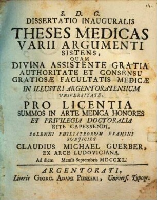Diss. inaug. theses medicas varii argumenti sistens