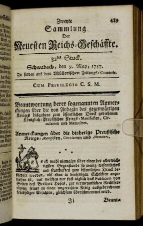 32tes Stuck. Schwabach, den 9. May, 1757.