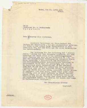Brief an Arnold Ludwig Mendelssohn : 30.04.1930