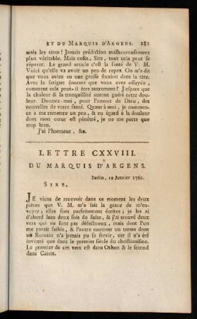 281-300, Lettre CXXVIII. du Marquis D'Argens.-Lettre CXXXVIII. du Marquis D'Argens.