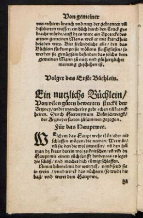 Volget das Erste Büchlein. Ein nutzlichs Büchlein/ Von vilen guten bewerten stucken der Artzney/ wider mancherley gebrechen und kranckheiten ...