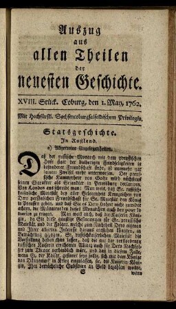 XVIII. Stück. Coburg, den 1. May, 1762.