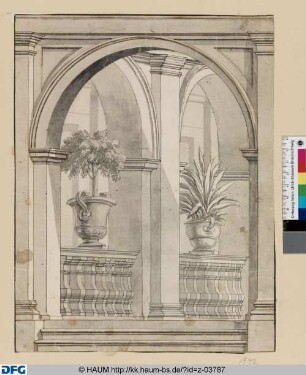 Kassel: Entwurf für eine Wanddekoration: Blick durch einen Architekturrahmen auf Arkaden mit bepflanzten Vasen