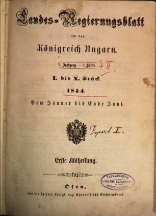 Landesregierungsblatt für das Königreich Ungarn = Magyarországot illető Országos Kormánylap. 5, 5. 1854