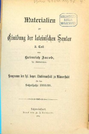 Materialien zur Einübung der lateinischen Syntax, 2