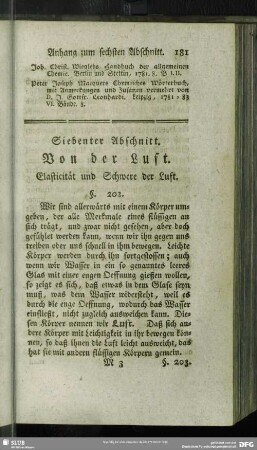 Siebenter Abschnitt. Von der Luft. Elasticität und Schwere der Luft