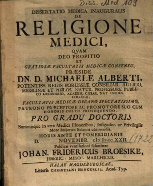 Dissertatio Medica Inauguralis De Religione Medici