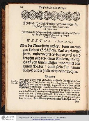 Christliche Hochzeit-Predigt/gehalten im Fürstl. Schloß zu Butzbach/den 25.Februarij/ deß Jahrs 1639.
