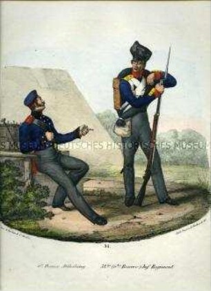 Uniformdarstellung, Pionier der 6. Pionier-Abteilung, Infanterist des 38. (6. Reserve-) Infanterie-Regiments, Preußen 1830. Aus: Elzholz u.a.: Das Preussische Heer. Tafel 51.