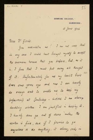 Brief von Frederic William Maitland an Otto von Gierke, Cambridge, 15.6.1906