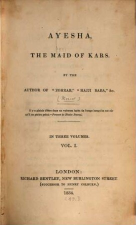 Ayesha, the Maid of Kars : in three volumes, 1