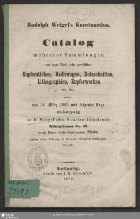 1859, 14.März: Rudolph Weigel's Kunst-Auction
