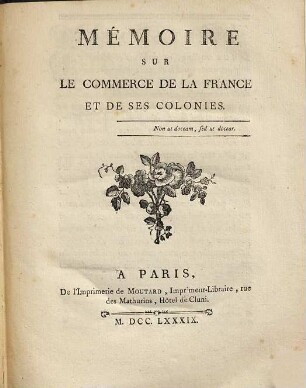 Mémoire sur le commerce de la France et de ses colonies