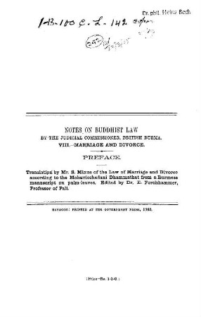 Notes on Buddhist law by the Judicial Commissioner, British Burma. 8, Marriage and divorce