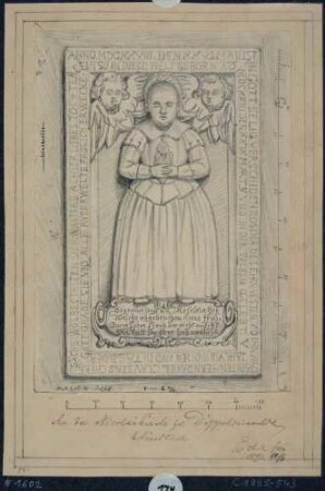 Grabstein der Rosina Claus (1623-1628) in der Nikolaikirche in Dippoldiswalde, Tochter des kurfürstlichen Verwalters in Dippoldiswalde Daniel Claus