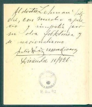 [Dedicatoria manuscrita al doctor Lehmann-Nitsche]