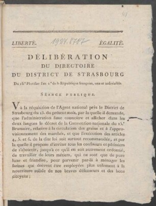 Délibération Du Directoire Du District De Strasbourg Du 16.e Pluviôse l'an 2.e de la République françoise, une et indivisible : Séance Publique