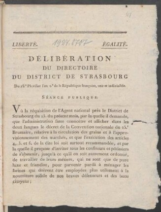 Délibération Du Directoire Du District De Strasbourg Du 16.e Pluviôse l'an 2.e de la République françoise, une et indivisible : Séance Publique