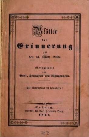 Blätter der Erinnerung an den 14. März 1846 : gesammelt von Paul von Wangenheim