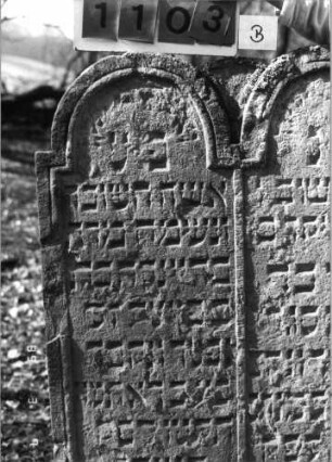 Grabstein 1103 (Index: 99753281) Material: Sandstein Zustand: abgeblättert mit Textverlust Maße HxBxT: 142x87x10 cm Beschreibung: Doppelstele, zwei Schriftfelder: Grabstein 1103B
