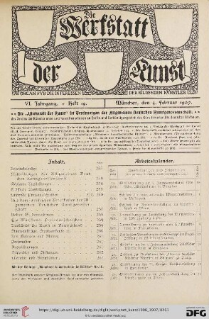 Inhalt / Arbeitskalender / Mitteilungen der Allgemeinen Deutschen Kunstgenossenschaft / Geplante Ausstellungen / Eröffnete Ausstellungen / Laufende Preisausschreiben / Aus dem juristischen Briefkasten der Allgemeinen Deutschen Kunstgenossenschaft