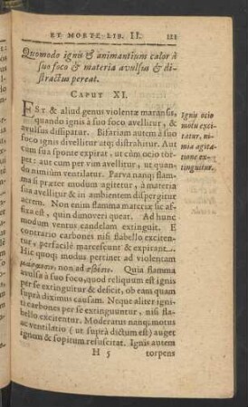 Quomodo ignis et animantium calor a suo foco et materia avulsus et distractus pereat. Caput XI.