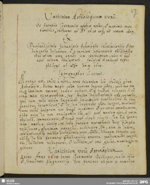 Vaticinium astrologicum vere de futuris Germaniae nostrae rebus et maximis mutationibus inchoans ab anno 1610 usque ad annum 1623.